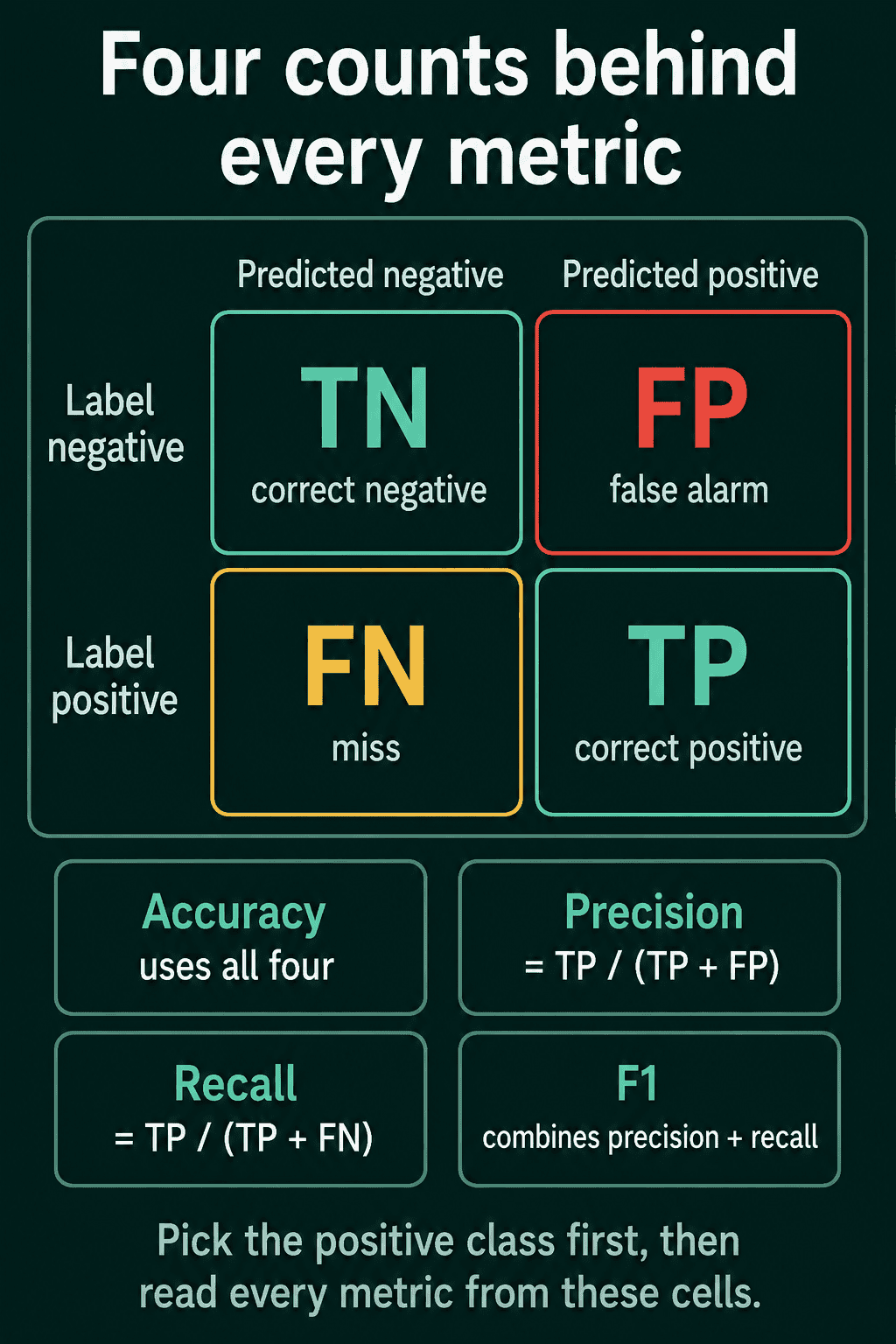 The four cells TN, FP, FN, TP of a confusion matrix with label on the rows and prediction on the columns, with accuracy using the four cells, precision as TP over TP plus FP, recall as TP over TP plus FN, and F1 combining precision and recall