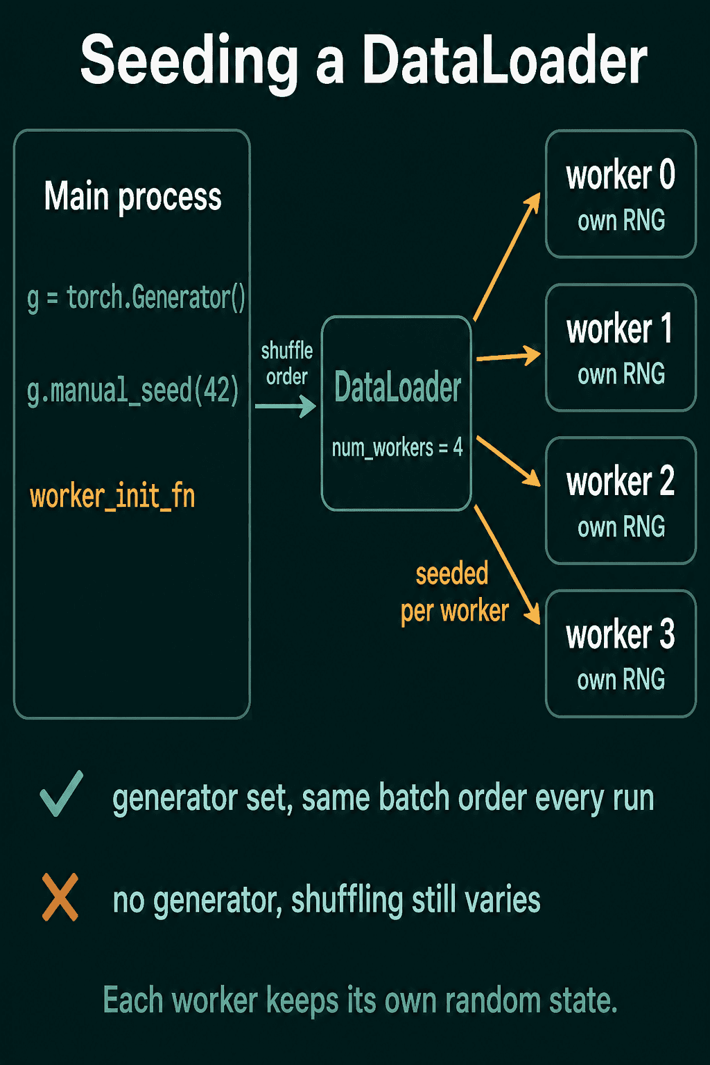 A diagram titled "Seeding a DataLoader". The main process creates g = torch.Generator(), calls g.manual_seed(42), and defines worker_init_fn. The generator sets the shuffle order of a DataLoader with num_workers = 4, which starts four workers, each with its own RNG, seeded per worker. A check mark says generator set, same batch order every run, and a cross says no generator, shuffling still varies.