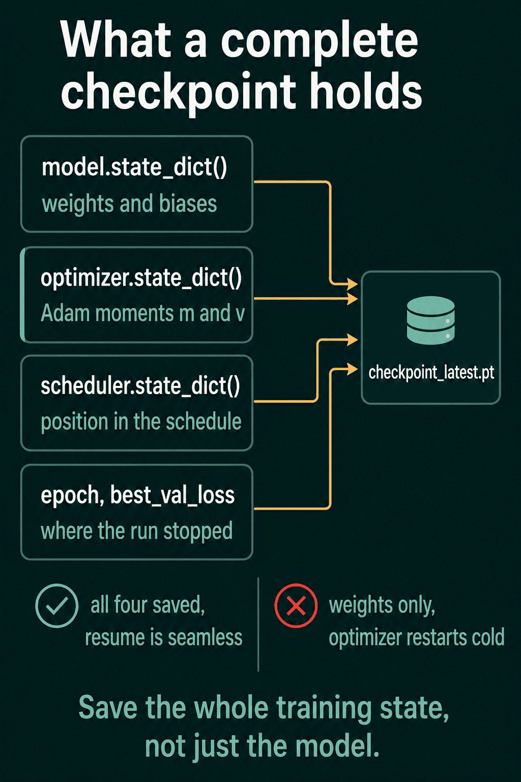 A diagram titled "What a complete checkpoint holds". Four boxes, model.state_dict() with weights and biases, optimizer.state_dict() with Adam moments m and v, scheduler.state_dict() with the position in the schedule, and epoch plus best_val_loss, all point into one file called checkpoint_latest.pt. Below, a check mark says all four saved and the resume continues smoothly, and a cross says weights only and the optimizer restarts cold.