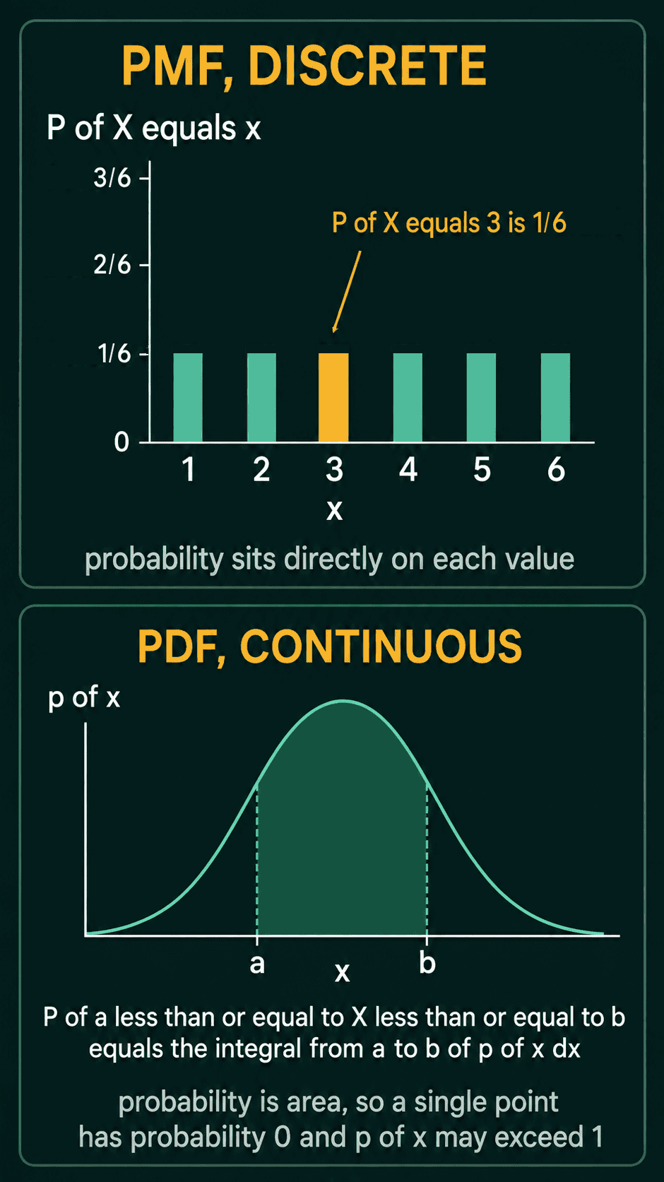A PMF for a fair die with probability sitting directly on each value and P of X equals 3 highlighted at 1 over 6, above a bell-shaped PDF where the probability of landing between a and b is the shaded area under the curve, so a single point has probability 0 and p of x may exceed 1