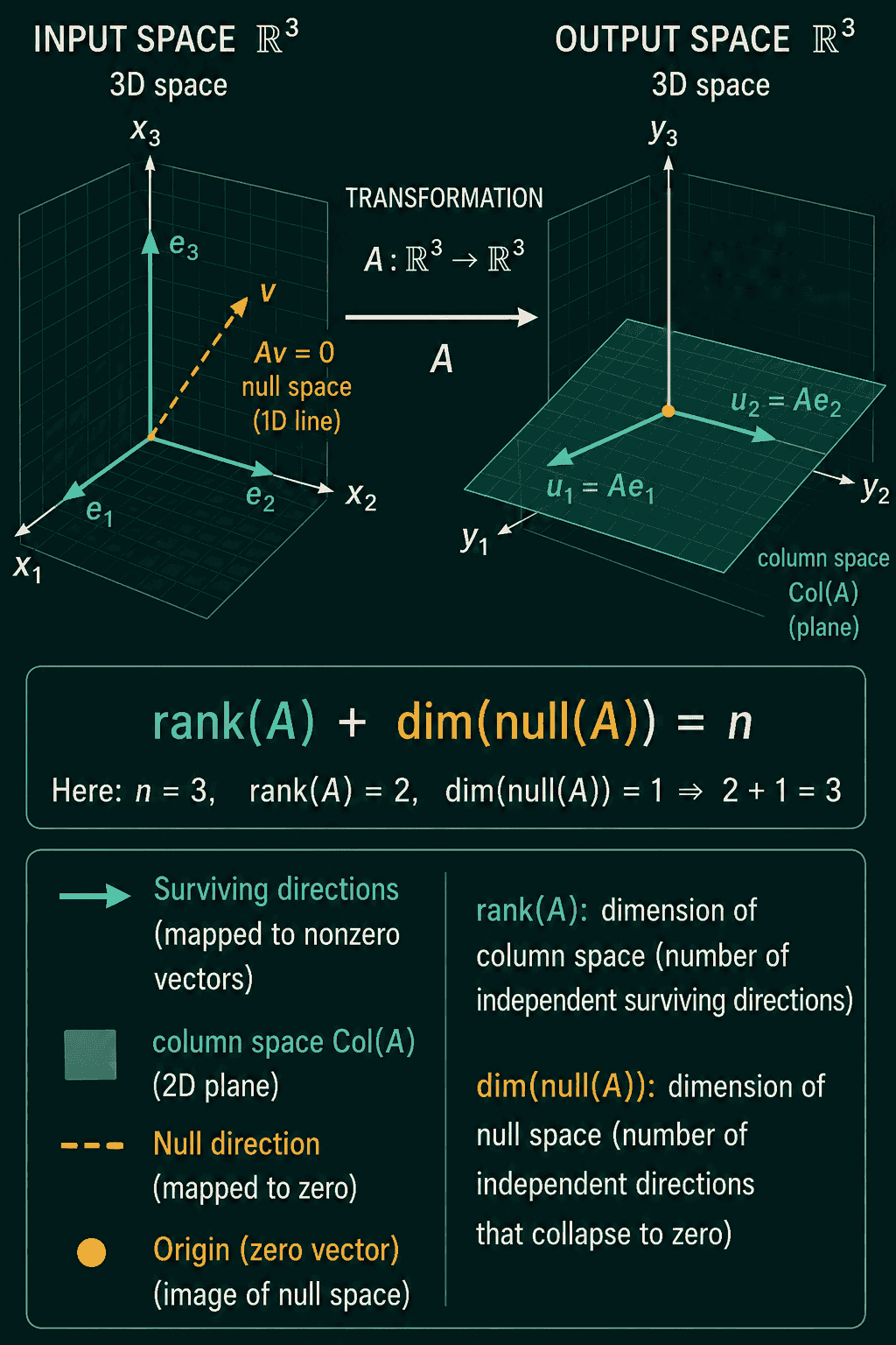 A 3D input space where the dashed null-space direction v satisfies Av = 0, mapped by A to a 3D output space where the surviving directions Ae1 and Ae2 span the column space, a 2D plane, with rank(A) + dim(null(A)) = n written as 2 + 1 = 3