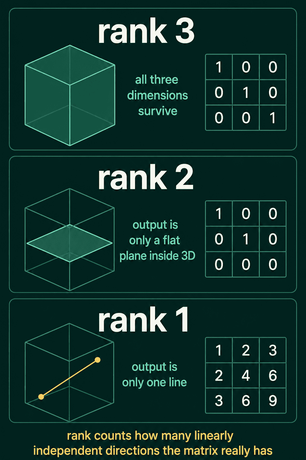 Three 3 by 3 matrices: the identity with rank 3 where all three dimensions survive, a matrix with a zero last row with rank 2 where outputs fill only a plane, and the matrix with rows (1, 2, 3), (2, 4, 6), (3, 6, 9) with rank 1 where outputs fill only a line