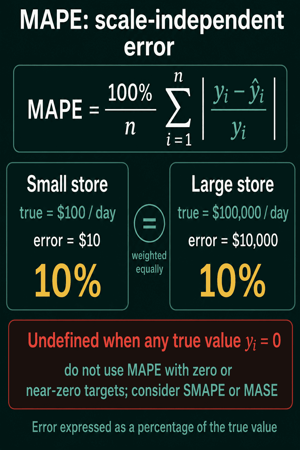 The MAPE formula above two panels, a small store selling 100 dollars a day with a 10 dollar error and a large store selling 100,000 dollars a day with a 10,000 dollar error, both scored at 10% and weighted equally, with a warning that MAPE is undefined when any true value is zero