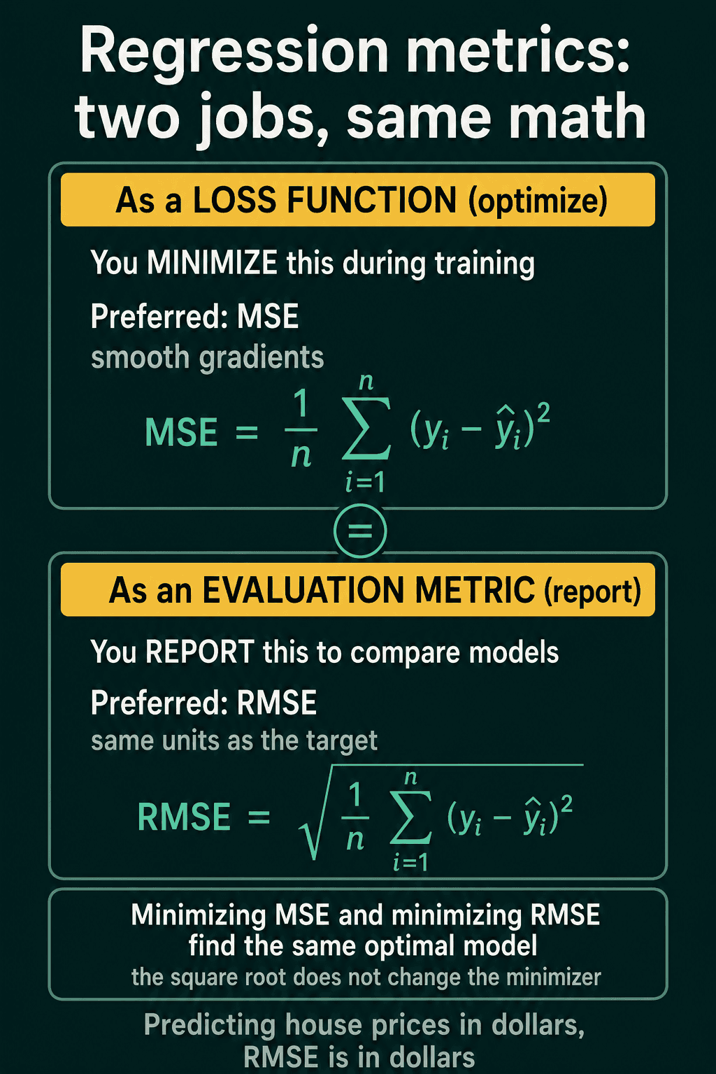 Two panels showing MSE as a loss function minimized during training, preferred for smooth gradients, and RMSE as an evaluation metric reported to compare models, preferred for being in the target's units, with a note that minimizing either finds the same model