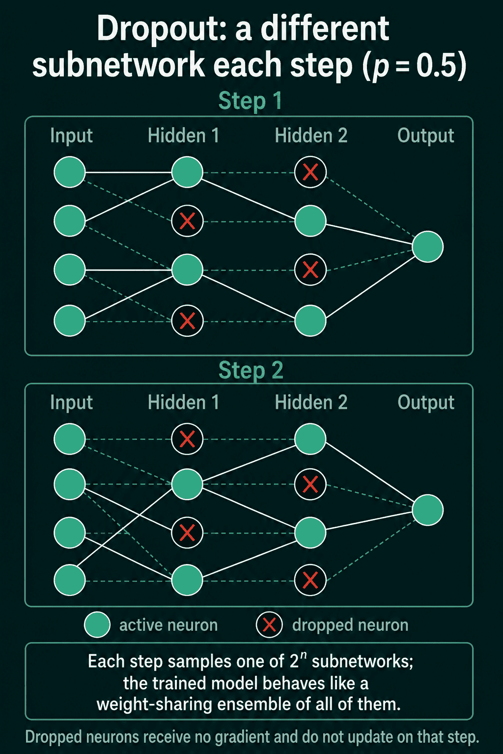 A small network shown at two training steps with p = 0.5. Different neurons are crossed out in each step, so each step trains a different subnetwork.