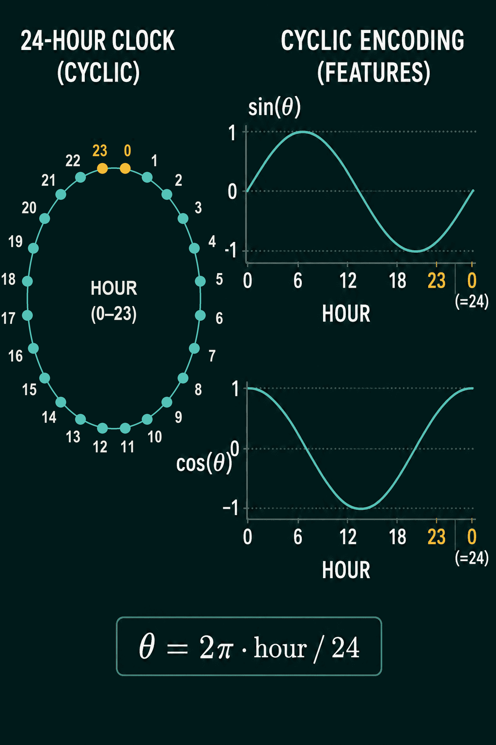 A 24-hour clock with hours 23 and 0 highlighted next to each other at the top, and the sin and cos of theta equals 2 pi times hour over 24 plotted from hour 0 to 24