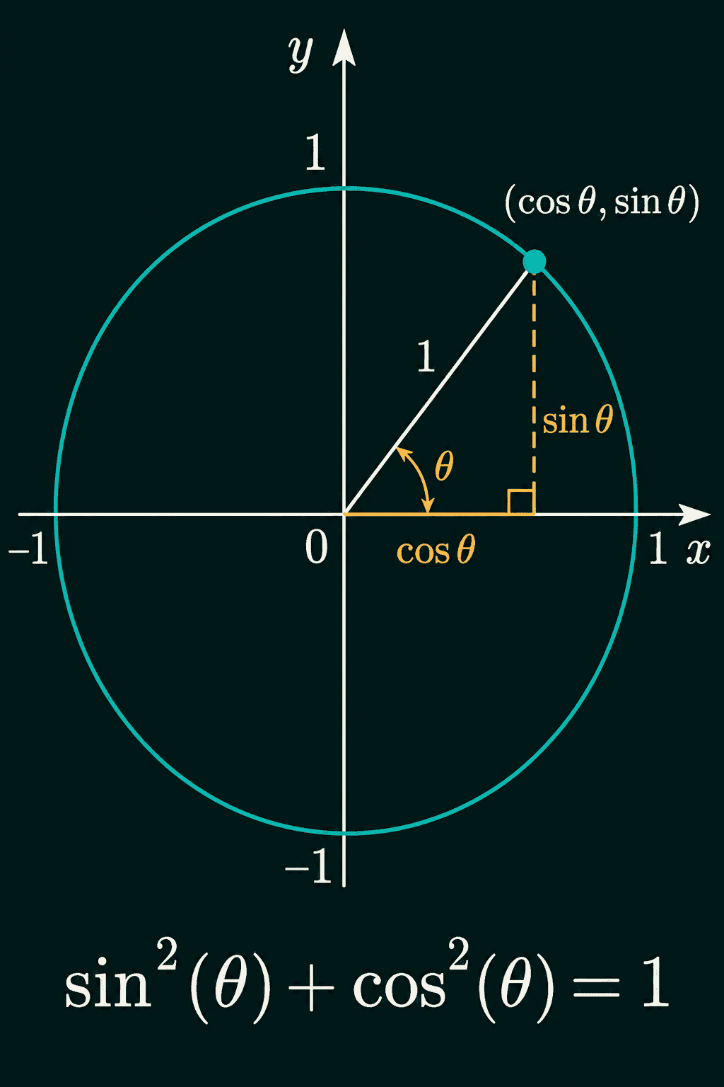 The point (cos theta, sin theta) on the unit circle with a right triangle of hypotenuse 1, and the identity sin squared plus cos squared equals 1