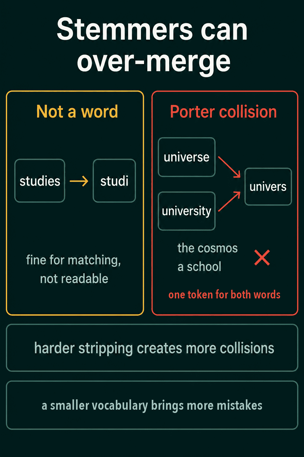 Stemming produces the non-word studi from studies, and Porter merges universe and university into one token univers