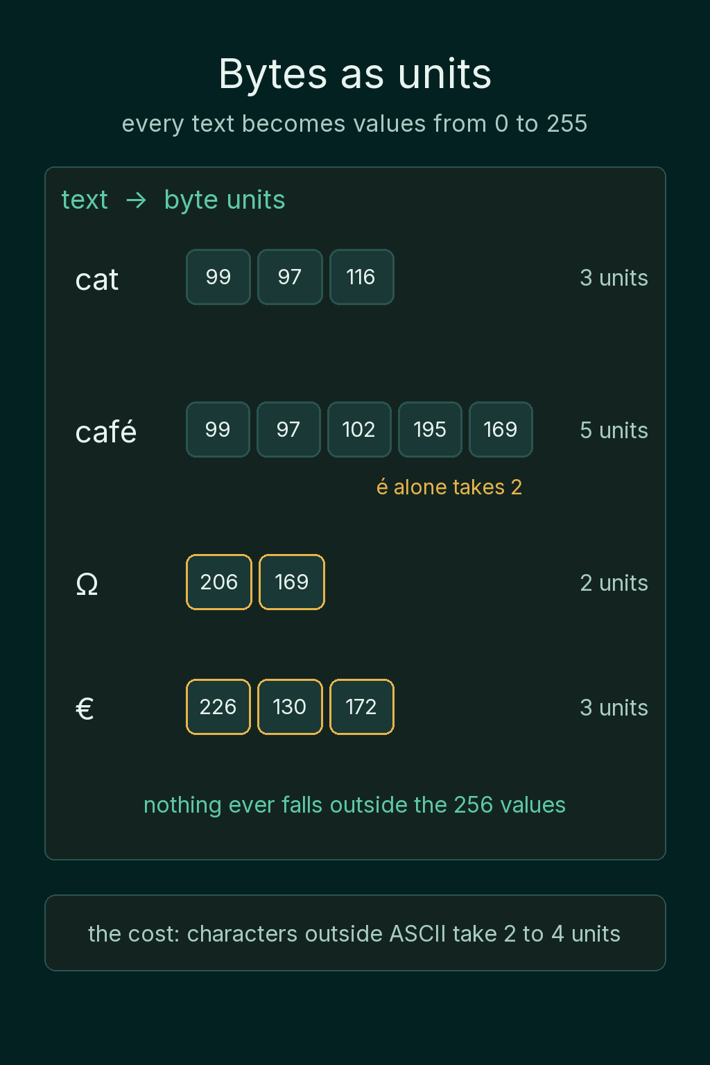 Text turned into byte units: cat becomes 3 units, café 5, Ω 2 and € 3, all values between 0 and 255