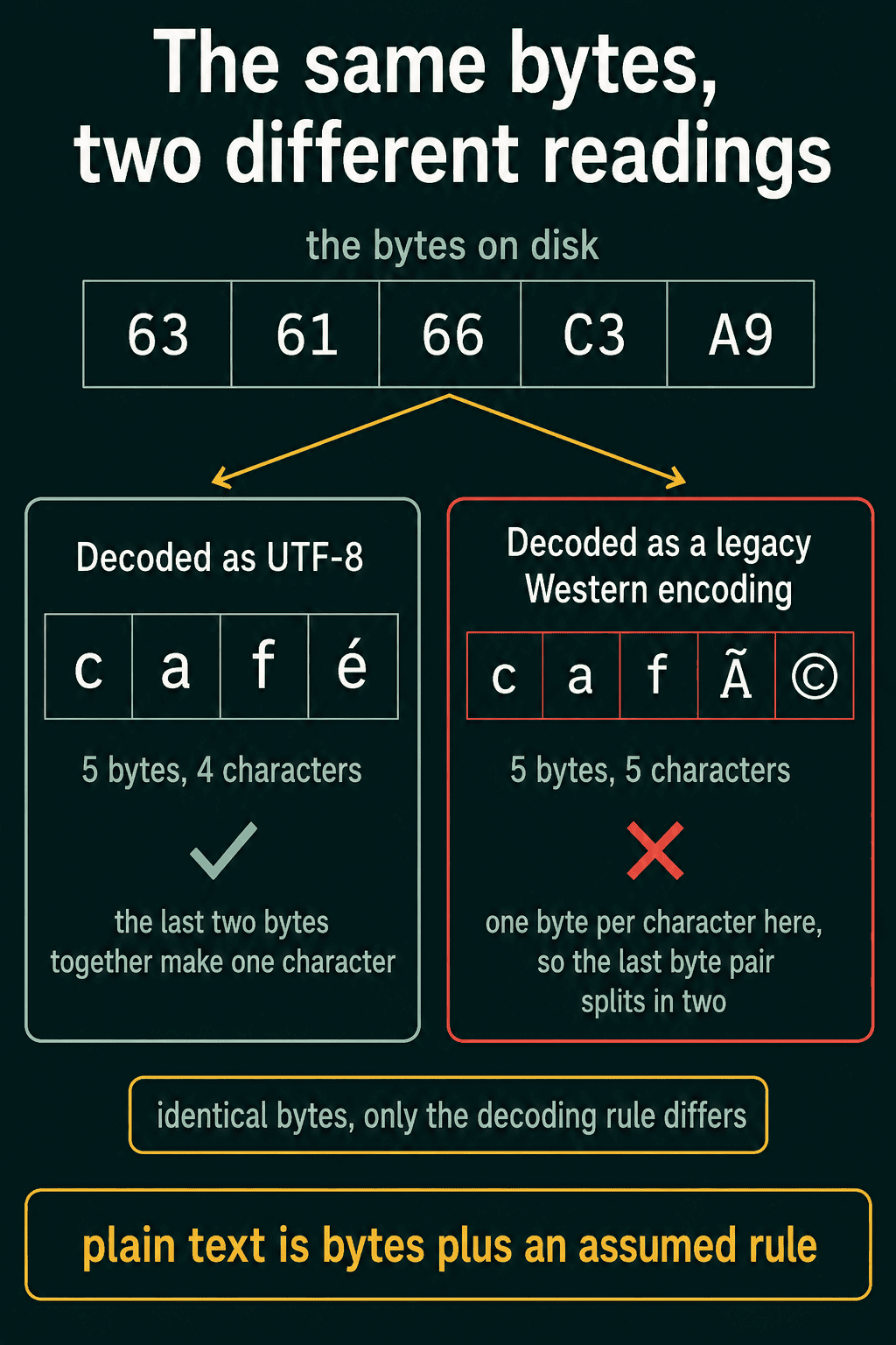 The same five bytes read two ways: as UTF-8 they give café, and as a legacy Western encoding they give café