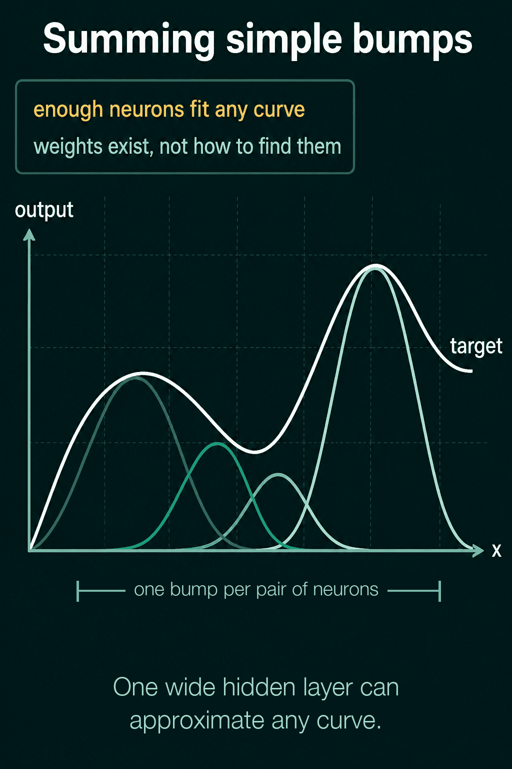 A wavy target curve on x and output axes, with four overlapping teal bumps underneath whose peaks touch the curve at different points, labeled one bump per pair of neurons, with a note that weights to fit the curve exist but the theorem does not say how to find them.