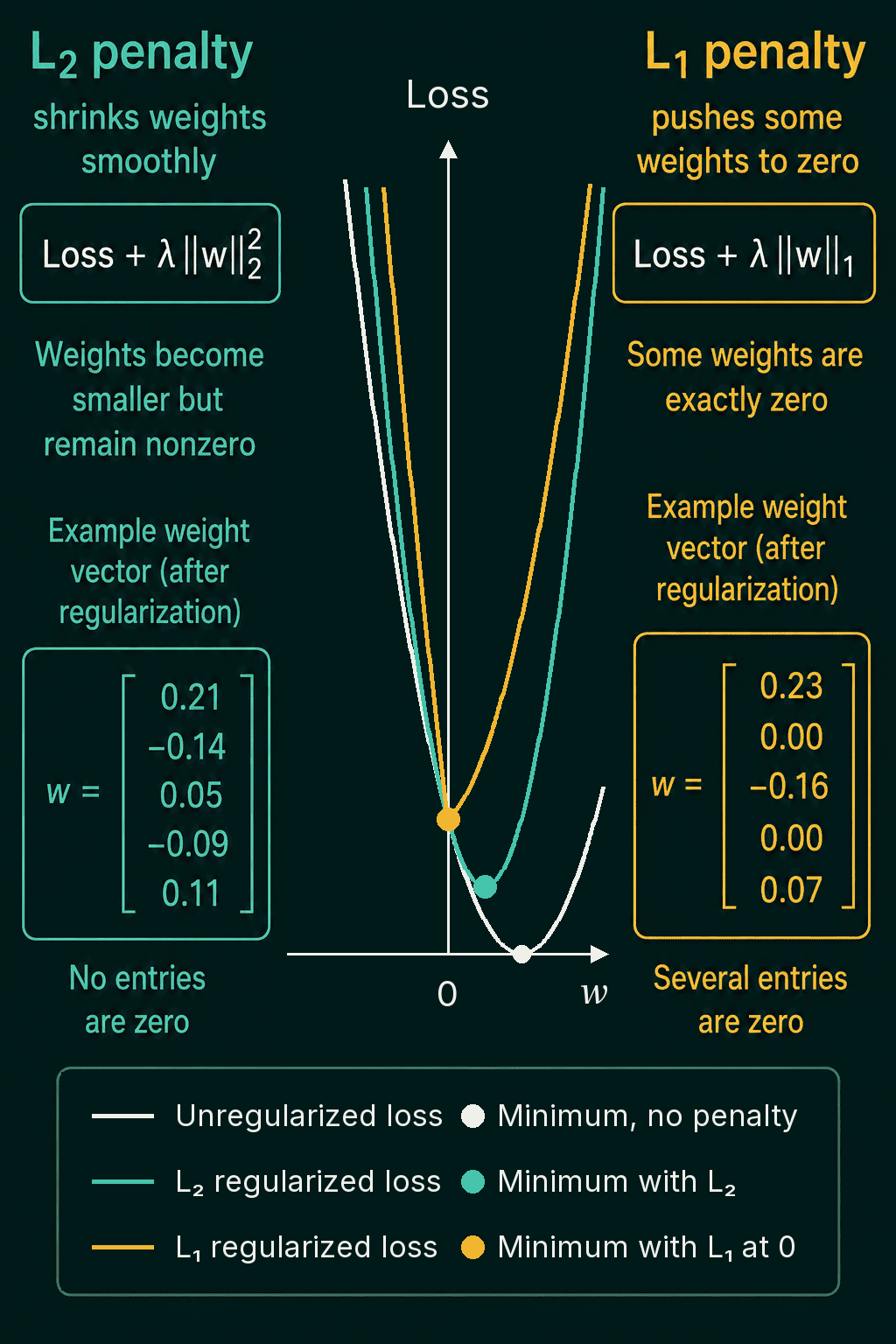 A loss curve over one weight w with its minimum at a positive w, the same loss plus an L2 penalty with its minimum moved closer to 0, and the same loss plus an L1 penalty with its minimum at exactly 0, next to example weight vectors: no zero entries under L2, several exact zeros under L1