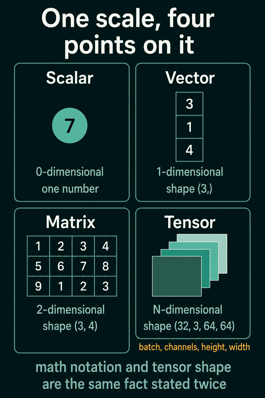A scalar 7, a vector of shape (3,), a matrix of shape (3, 4), and a stack of image-like grids labeled as a tensor of shape (32, 3, 64, 64)