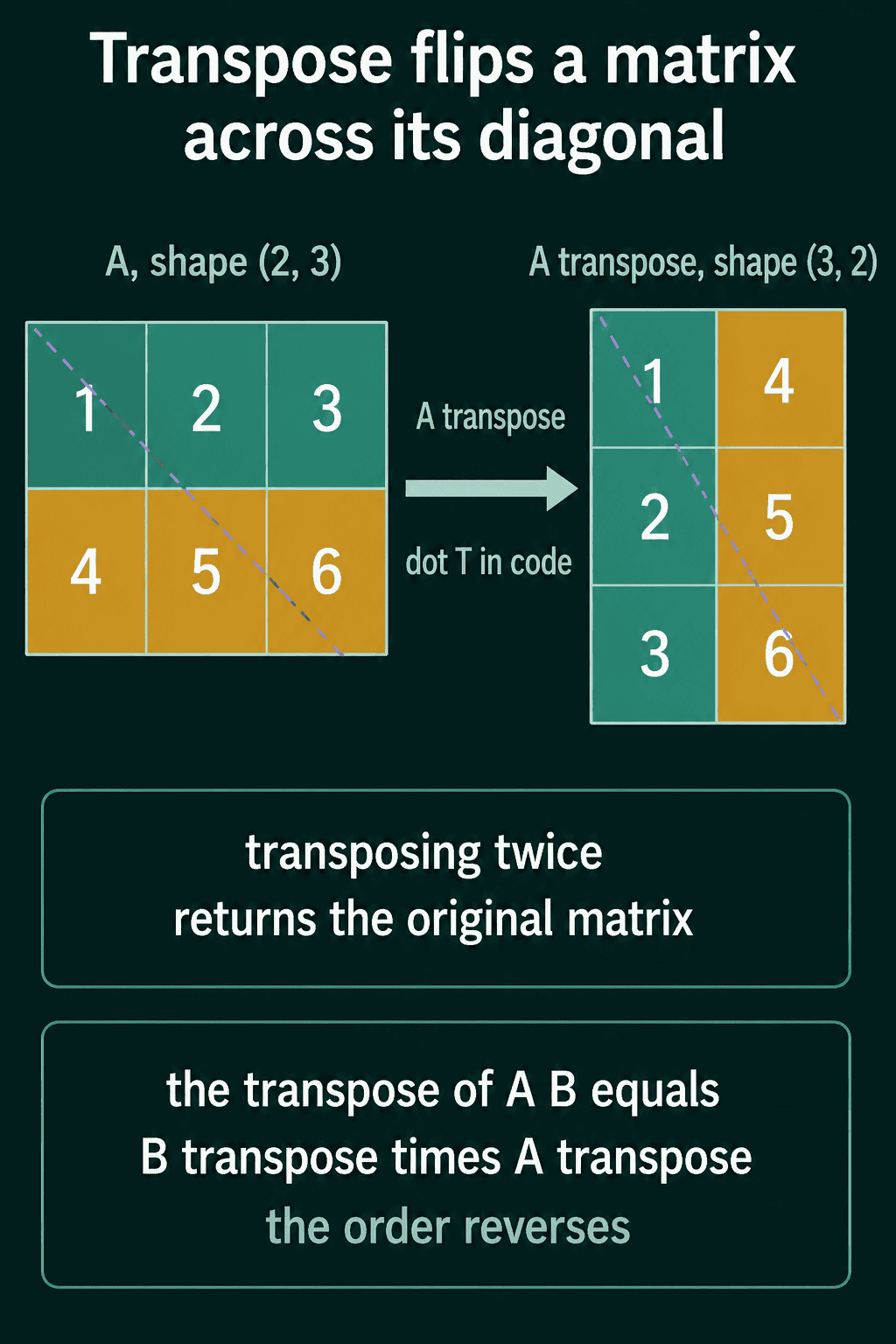 A 2 by 3 matrix with entries 1 to 6 flipped across its diagonal into a 3 by 2 matrix, with notes that transposing twice returns the original and that the transpose of AB is B transpose times A transpose