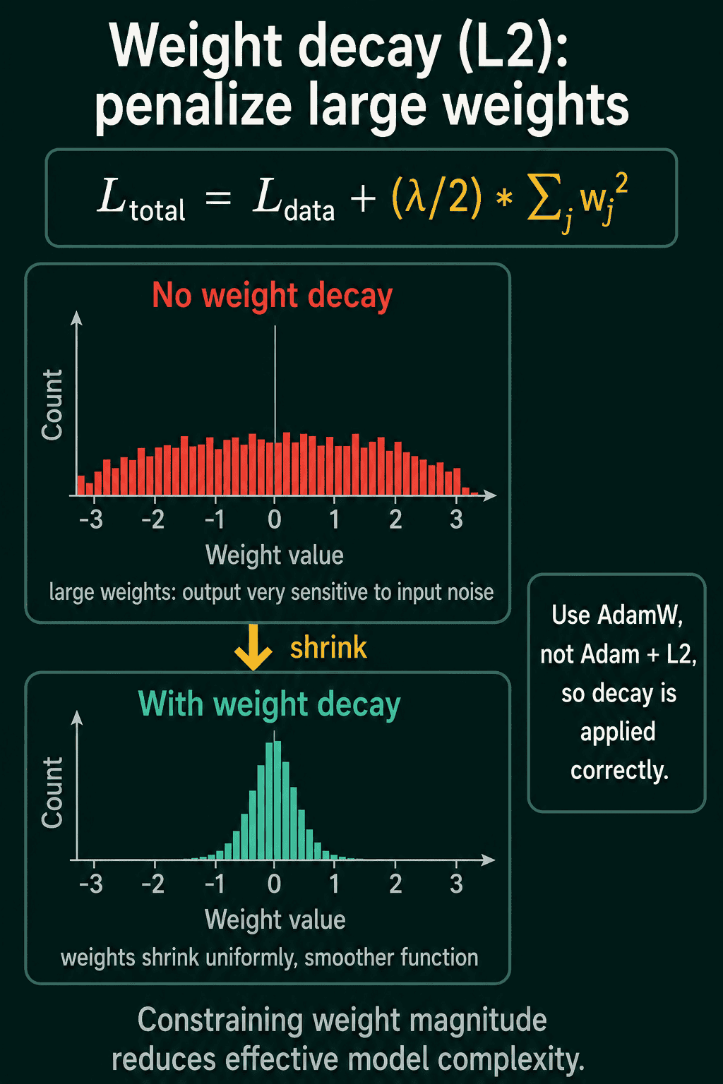 Histogram of weights without weight decay spread from -3 to 3, and with weight decay concentrated near 0