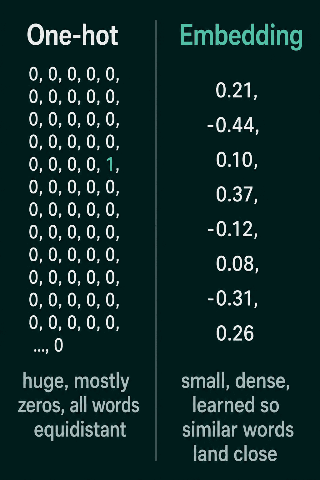 A long one-hot vector of mostly zeros with a single 1, next to a short embedding of eight signed numbers learned so similar words land close