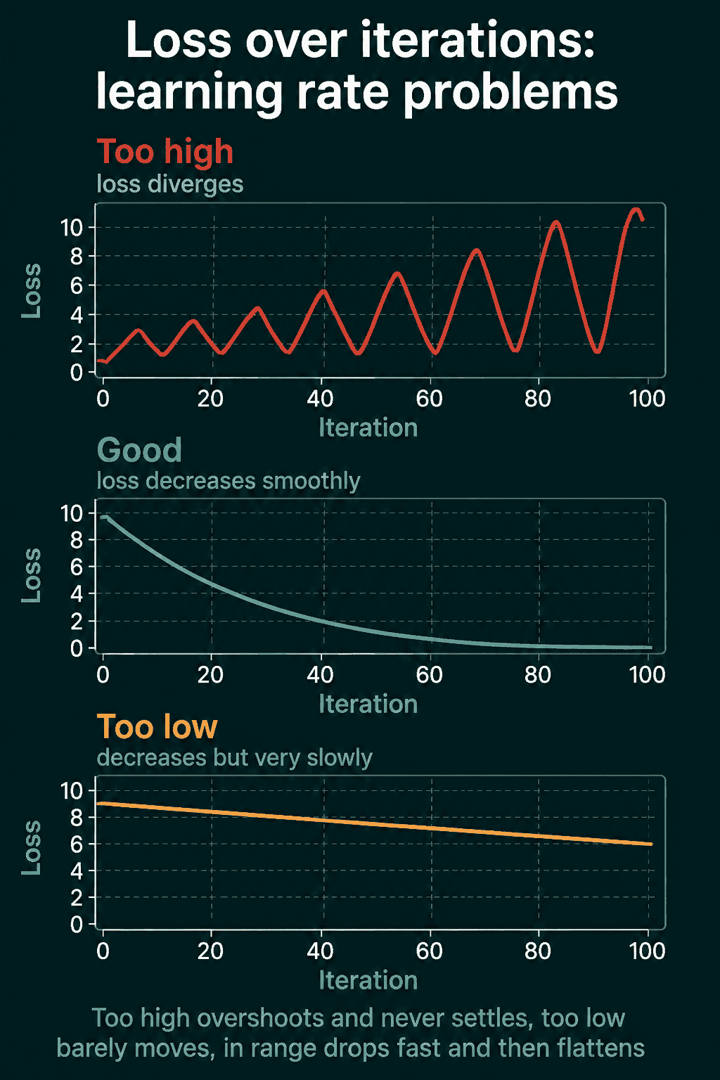 Three loss curves: too high diverges in a growing sawtooth, a good value decays smoothly, too low barely moves