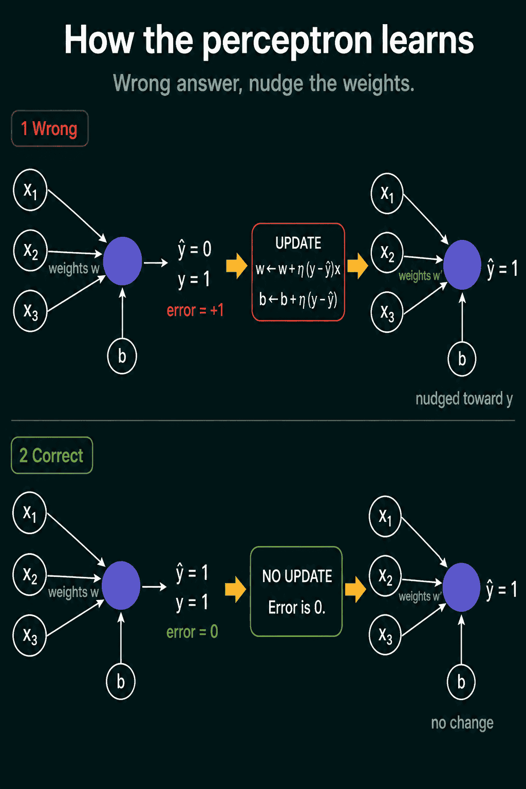Two cases of the perceptron learning rule: a wrong prediction produces an error of +1 and the weights are nudged toward the true label, and a correct prediction produces an error of 0 and nothing changes.