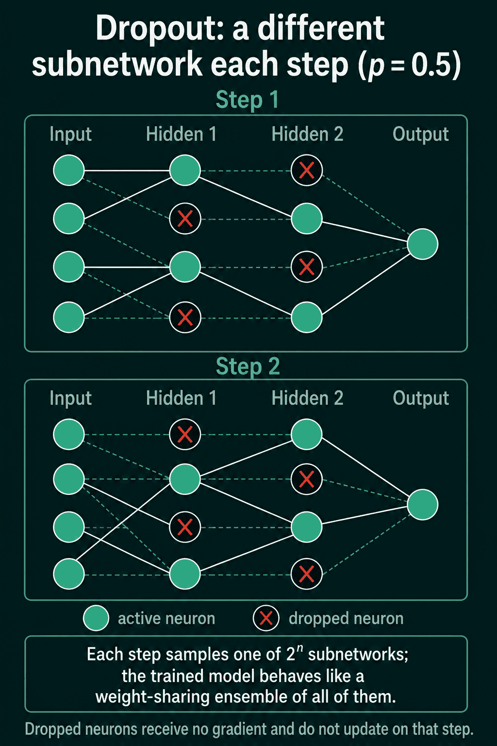 Two training steps of the same network with p = 0.5, each with a different set of hidden neurons crossed out as dropped