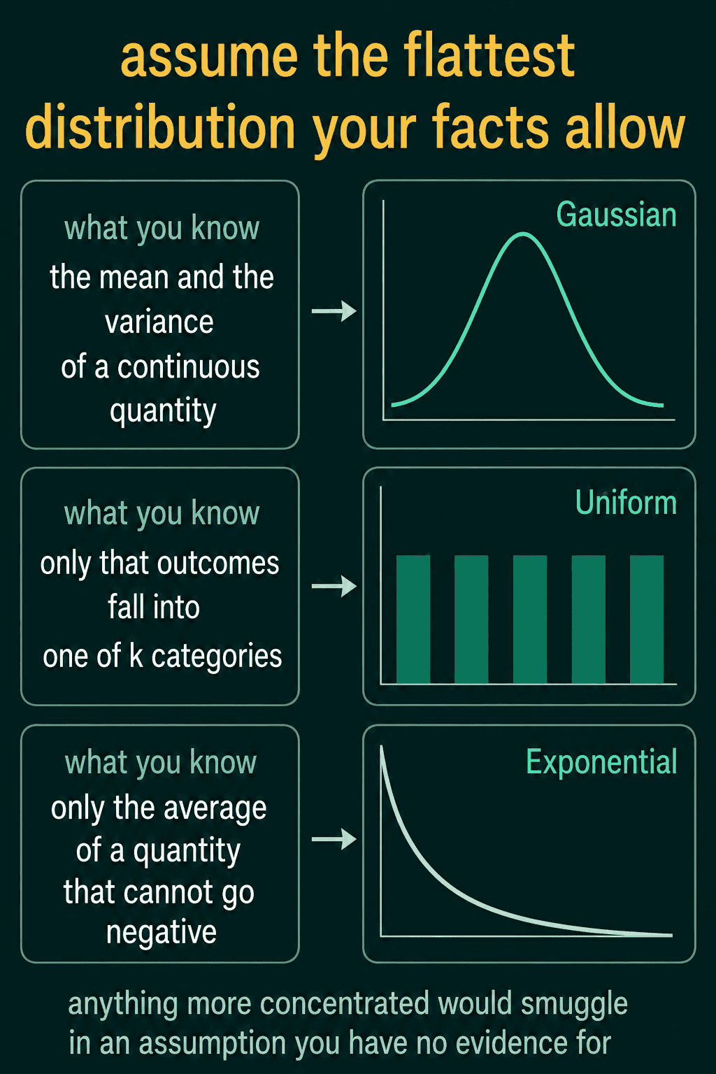 Three rows pairing what is known with the highest-entropy answer: the mean and variance of a continuous quantity gives a Gaussian, only that outcomes fall into one of k categories gives a uniform distribution, and only the average of a quantity that cannot go negative gives an exponential.