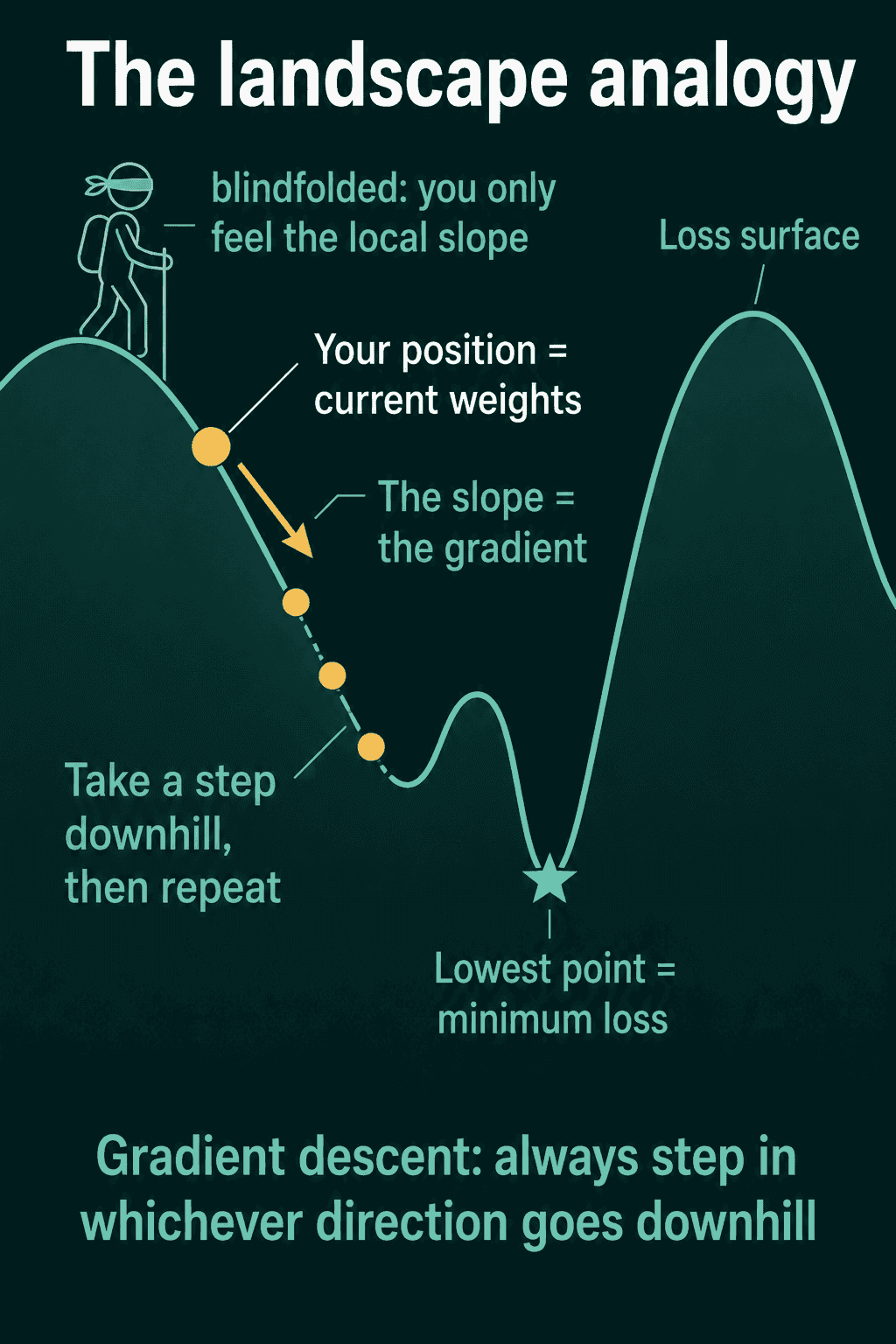 A curved loss surface with a dot stepping downhill along the slope toward the lowest point, with the slope labeled as the gradient