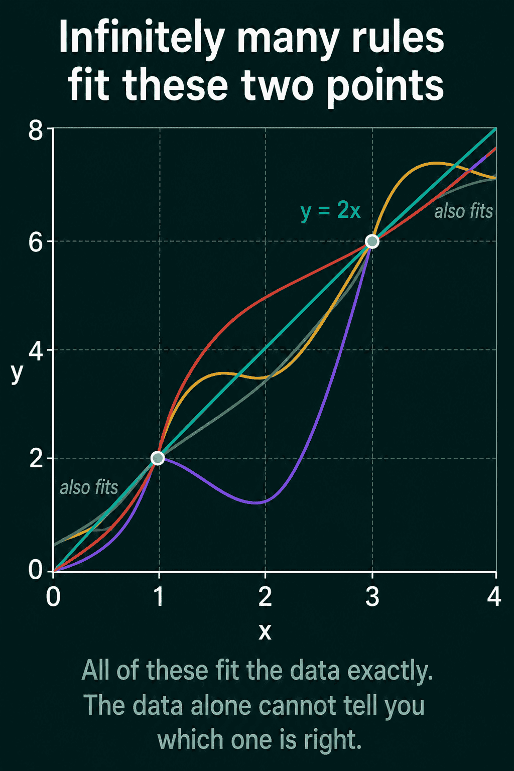 Several different curves, including the straight line y equals 2x, all pass exactly through the two points (1, 2) and (3, 6)