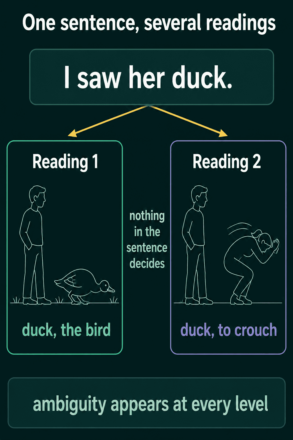 The sentence "I saw her duck." with two readings: duck the bird and duck as in crouch, with nothing in the sentence deciding between them.