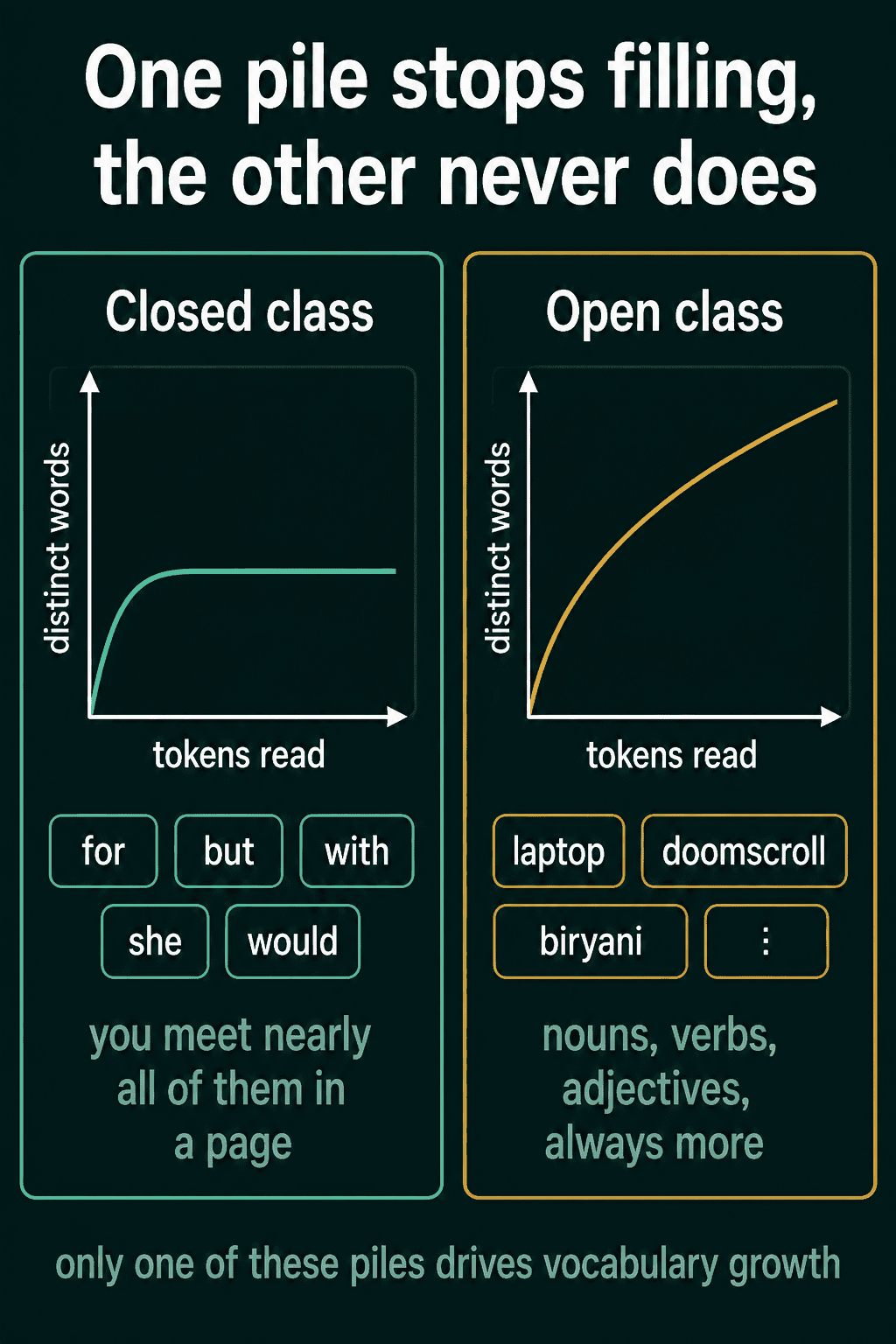 Two plots of distinct words against tokens read, the closed class of words like for, but and with leveling off, and the open class of words like laptop, doomscroll and biryani still rising