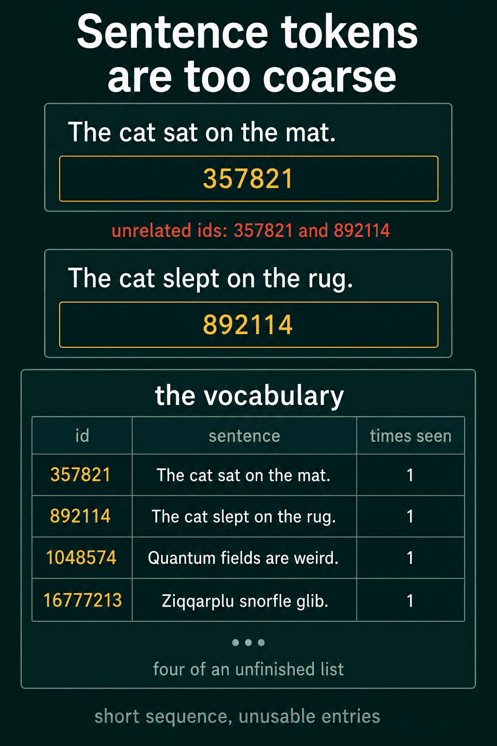 Two similar sentences, The cat sat on the mat and The cat slept on the rug, given the unrelated ids 357821 and 892114, above a vocabulary table where every sentence was seen once