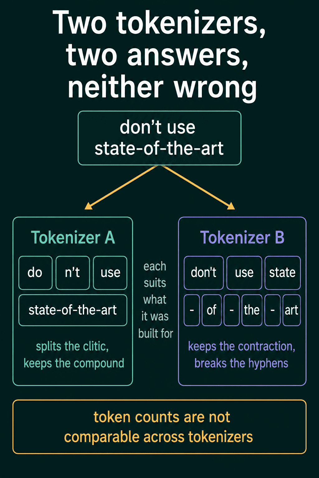Two tokenizers splitting don't use state-of-the-art differently, tokenizer A splitting do and n't while keeping the compound whole, tokenizer B keeping don't whole while breaking the hyphens, with the note that token counts are not comparable across tokenizers
