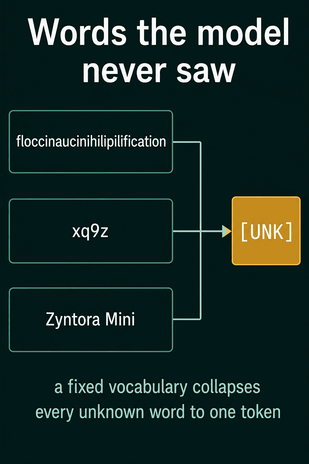 Three unknown inputs, floccinaucinihilipilification, xq9z and the product name Zyntora Mini, all mapped to the same [UNK] token