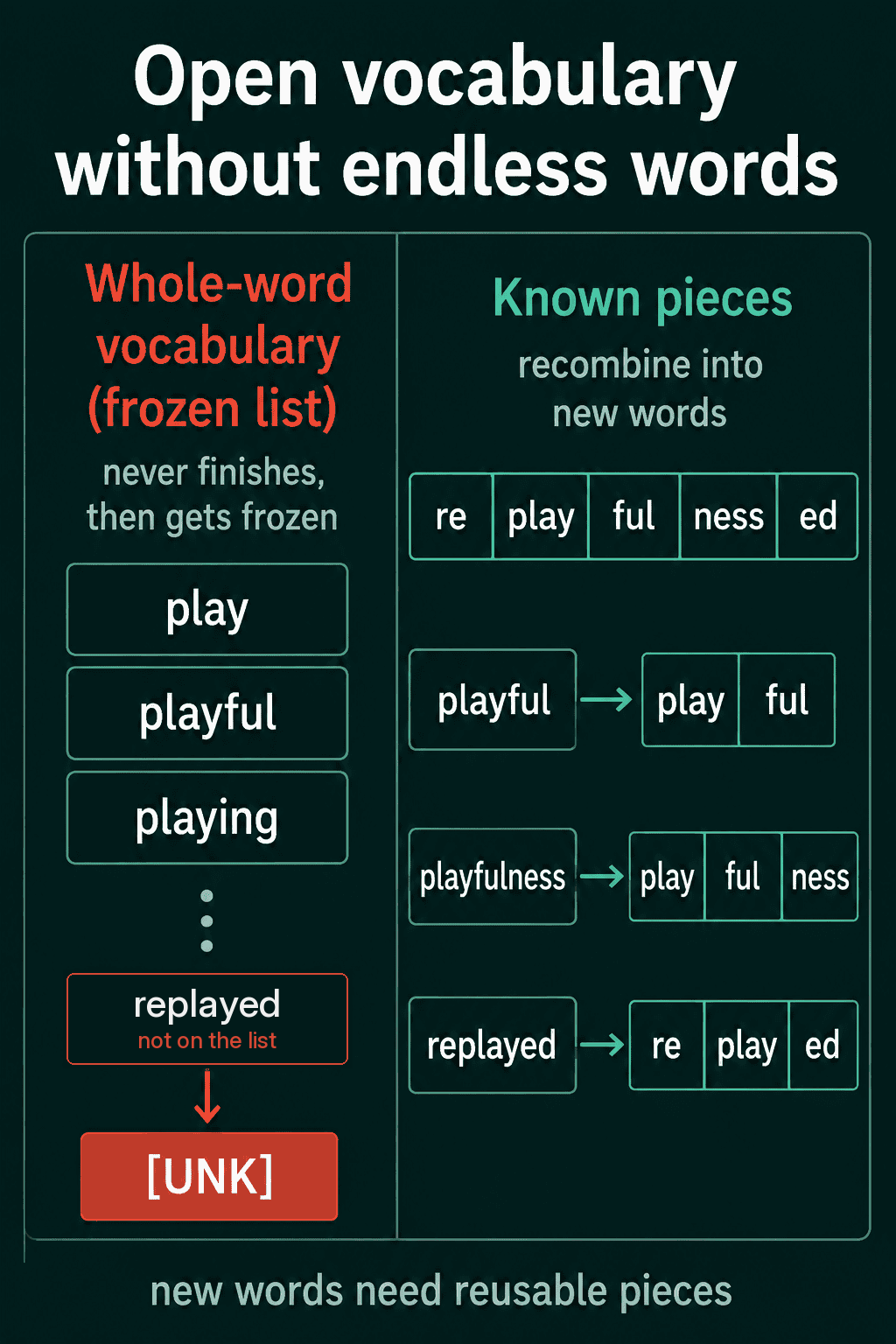 A frozen whole-word vocabulary where the off-list word replayed falls to [UNK], next to known pieces re, play, ful, ness and ed that combine into playful, playfulness and replayed