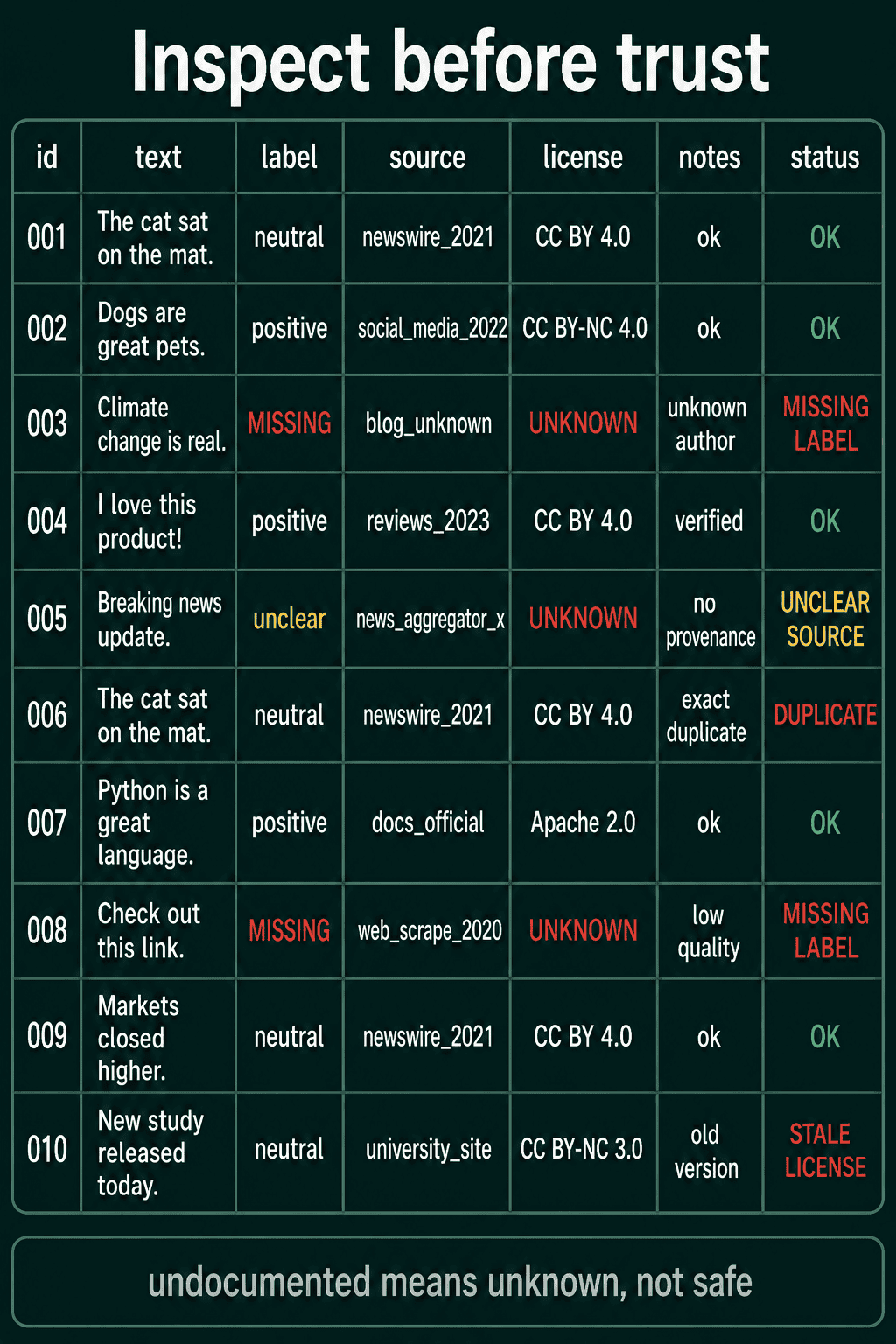 A table of ten dataset rows with id, text, label, source and license, where some rows are fine and others have a missing label, an unknown license, an unclear source, an exact duplicate or a stale license