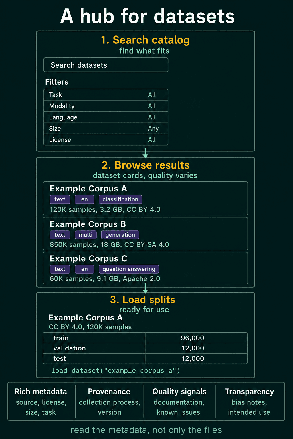 The Hub workflow: search the catalog with filters for task, language, size and license, browse dataset cards, then load the splits of the chosen corpus