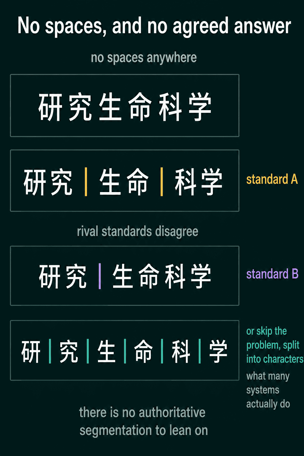 The Chinese string 研究生命科学 with no spaces, split three ways by standard A, by standard B and into single characters, which is what many systems do since there is no authoritative segmentation