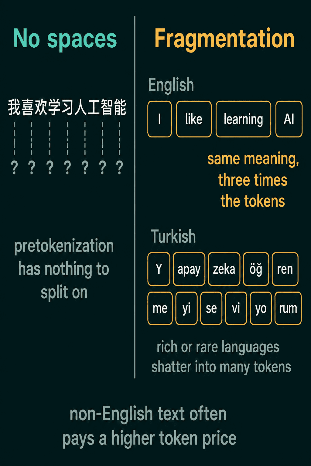 No spaces in a Chinese sentence where pretokenization has nothing to split on, and an illustration of fragmentation where an English sentence of four tokens becomes many more pieces in Turkish