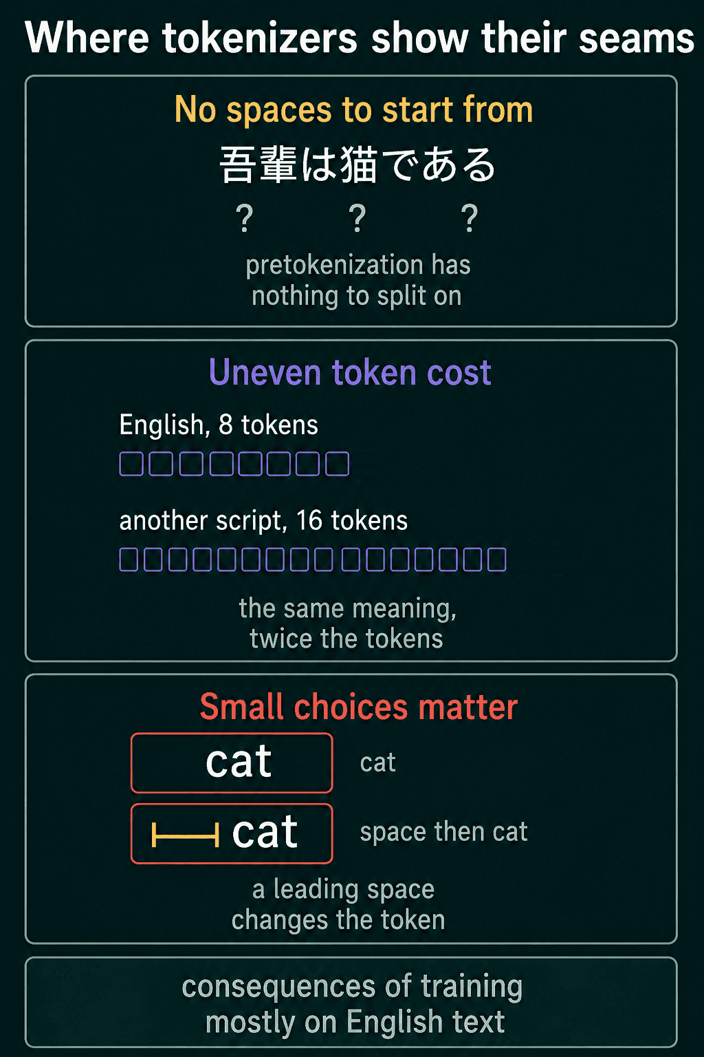 Three panels, Japanese text with no spaces where pretokenization has nothing to split on, an English sentence of 8 tokens next to another script needing 16 tokens for the same meaning, and cat versus space then cat giving different tokens