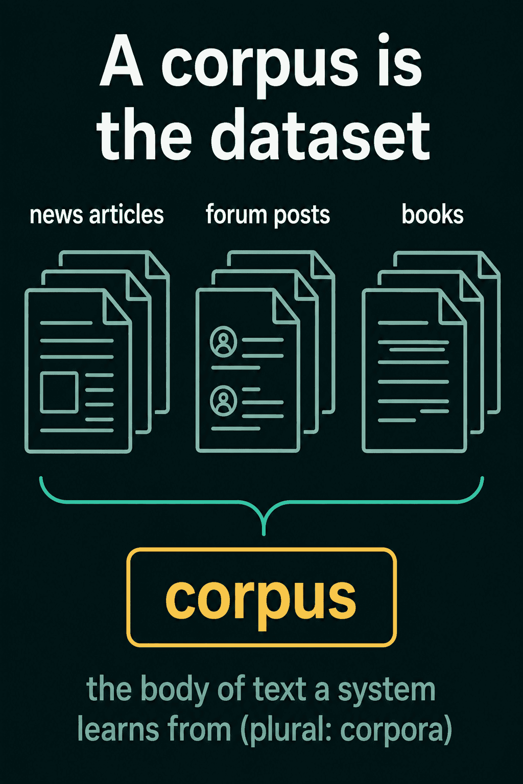 News articles, forum posts and books grouped together into a corpus, the body of text a system learns from