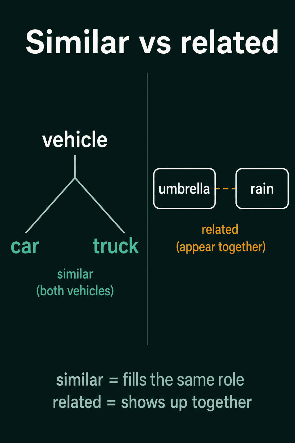 Similar versus related: car and truck as similar words under vehicle, umbrella and rain as related words that appear together